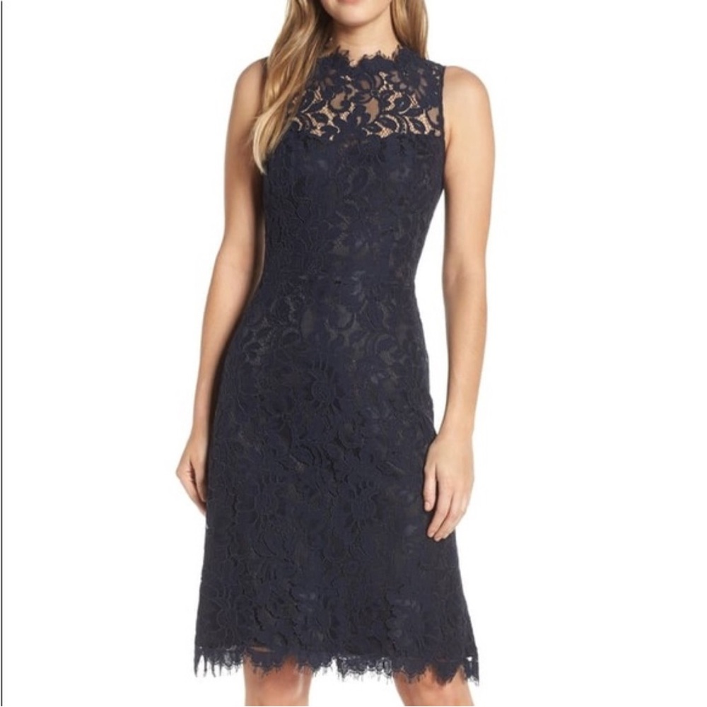 Eliza J Elegant Navy and Black Lace Sheath Dress
